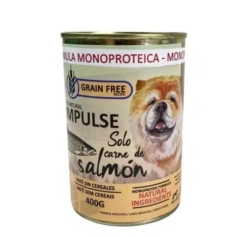 Paté con trozos de atún y salmón. Comida húmeda para perros