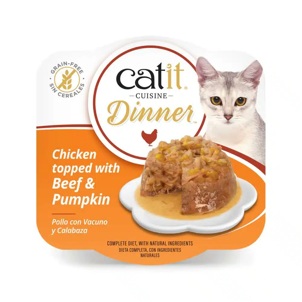 Catit Cuisine Dinner Lata de Pollo con Topping de Vacuno y Calabaza para gatos