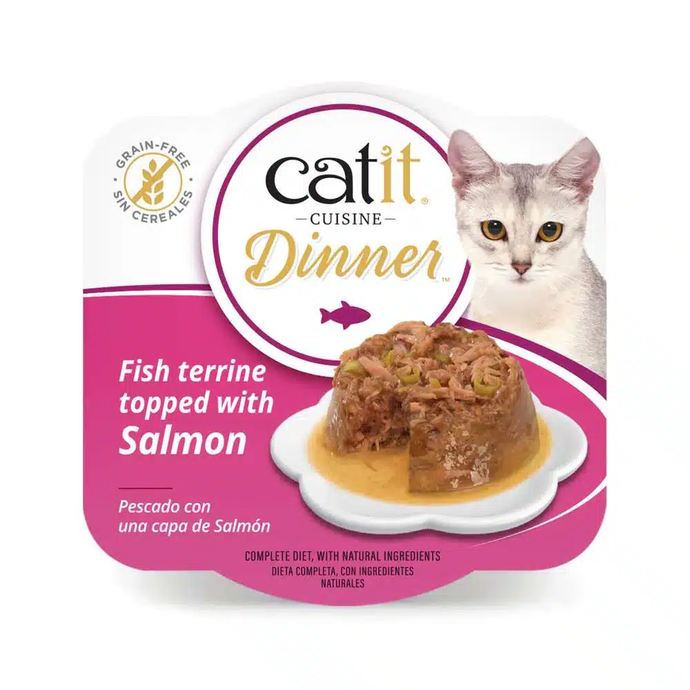 Catit Cuisine Dinner Lata de Salmón con Topping de Judías para gatos